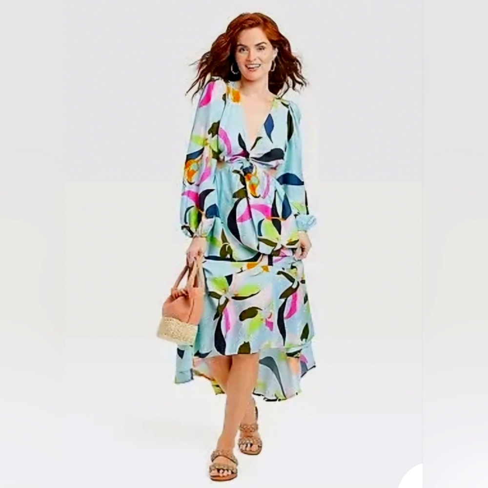 NWT XL Blue Floral Long Sleeve Cut Out High Low Hem Dress
